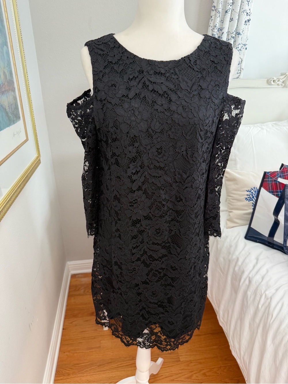 Jude Connally Black Floral Lace Cold-Shoulder Midi Dress